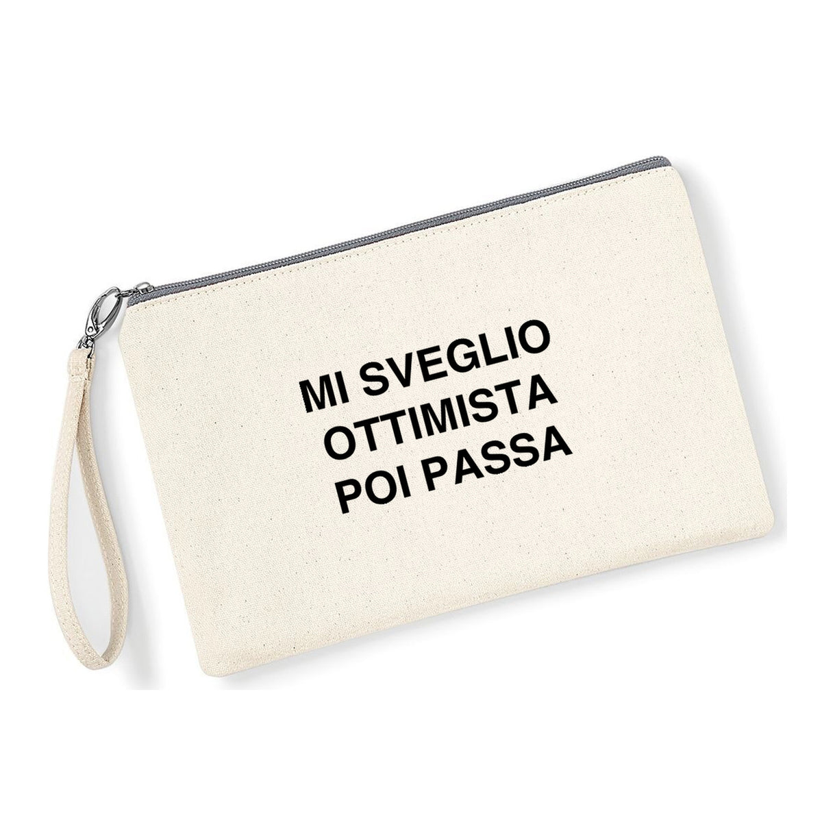 Pochette Mi sveglio ottimista in cotone canvas zip grigio chiaro - Maisenza #