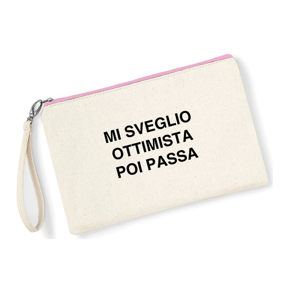 Pochette Mi sveglio ottimista in cotone canvas zip rosa - Maisenza #