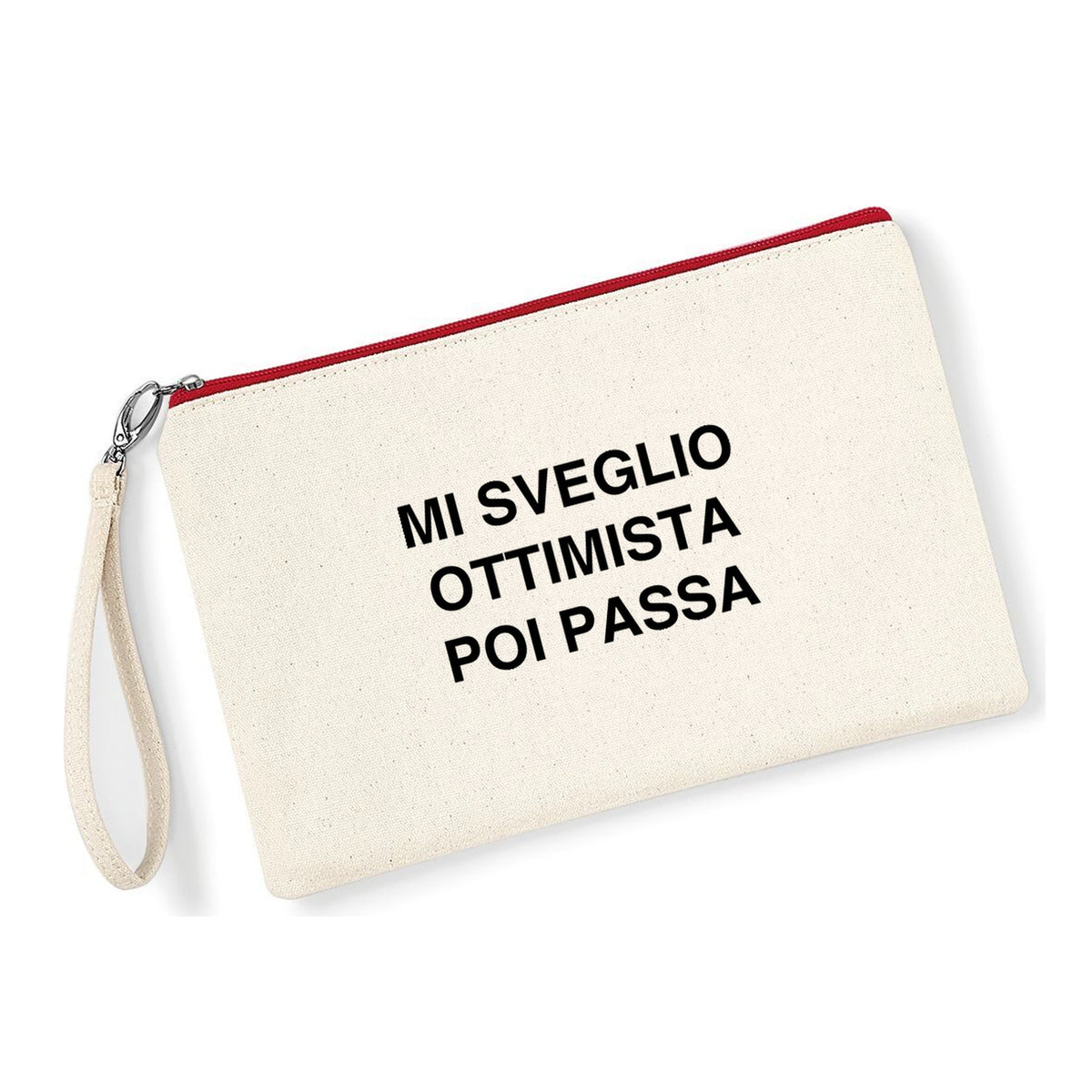 Pochette Mi sveglio ottimista in cotone canvas zip rossa - Maisenza #