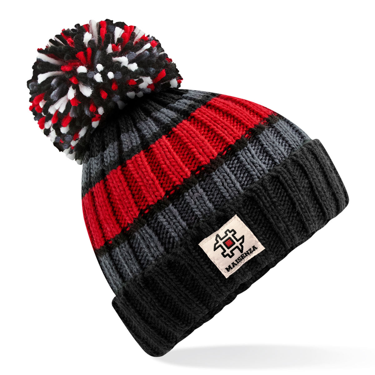 Cappello di lana POM POM Strisce - Rosso/Nero