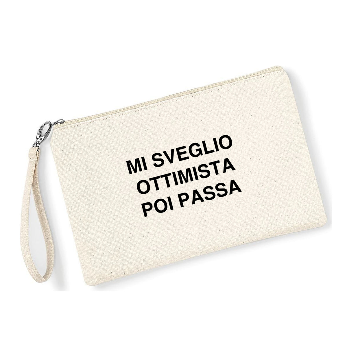 Pochette Mi sveglio ottimista in cotone canvas zip naturale - Maisenza #