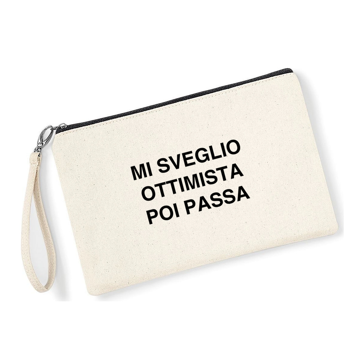 Pochette Mi sveglio ottimista in cotone canvas zip nera - Maisenza #